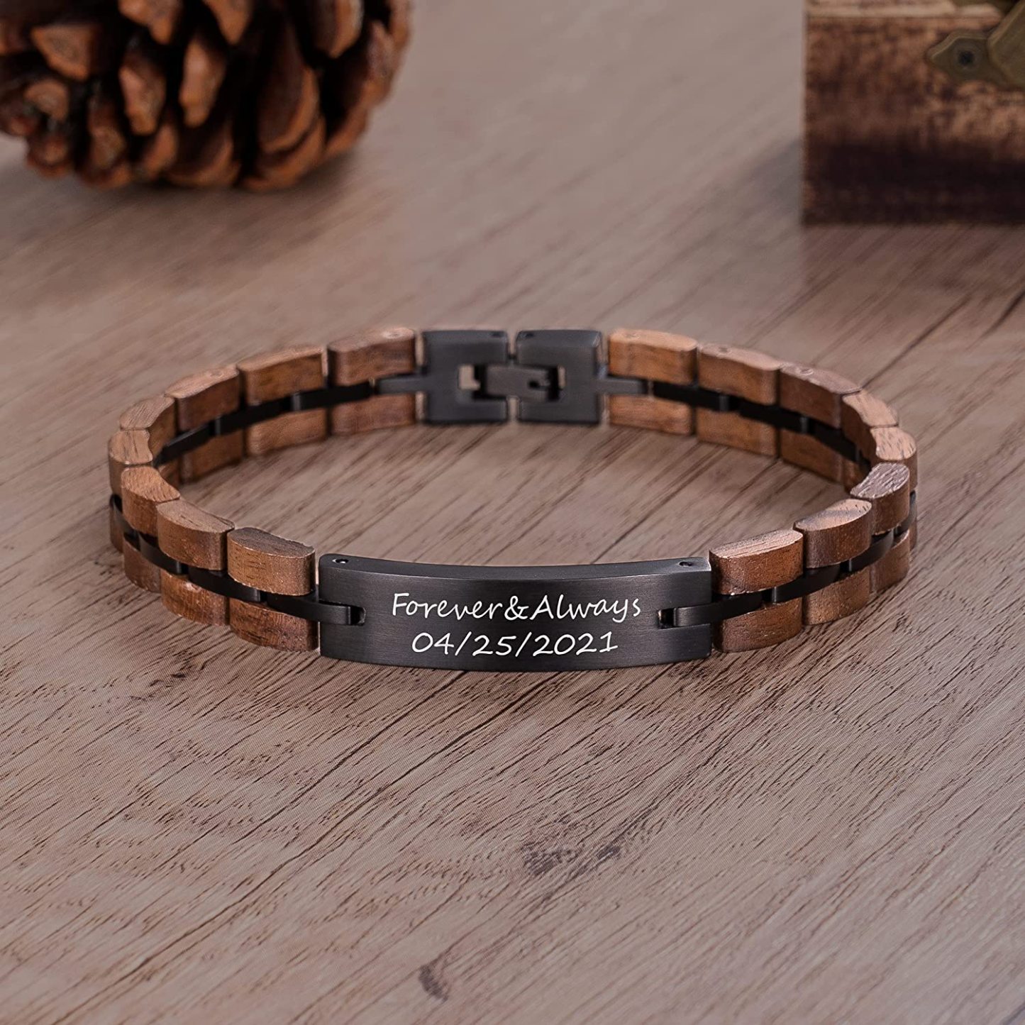 Christmas Gift Personalized ID Bar Bracelet in Black with Wood Link Chain Men Bracelet