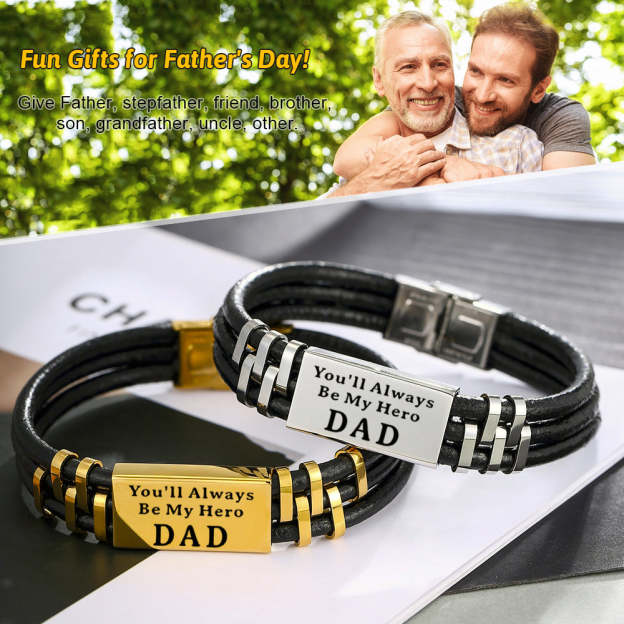 Christmas Gift Personalized Men Leather Bracelet Engraved Name and Text ID Bar Bracelet