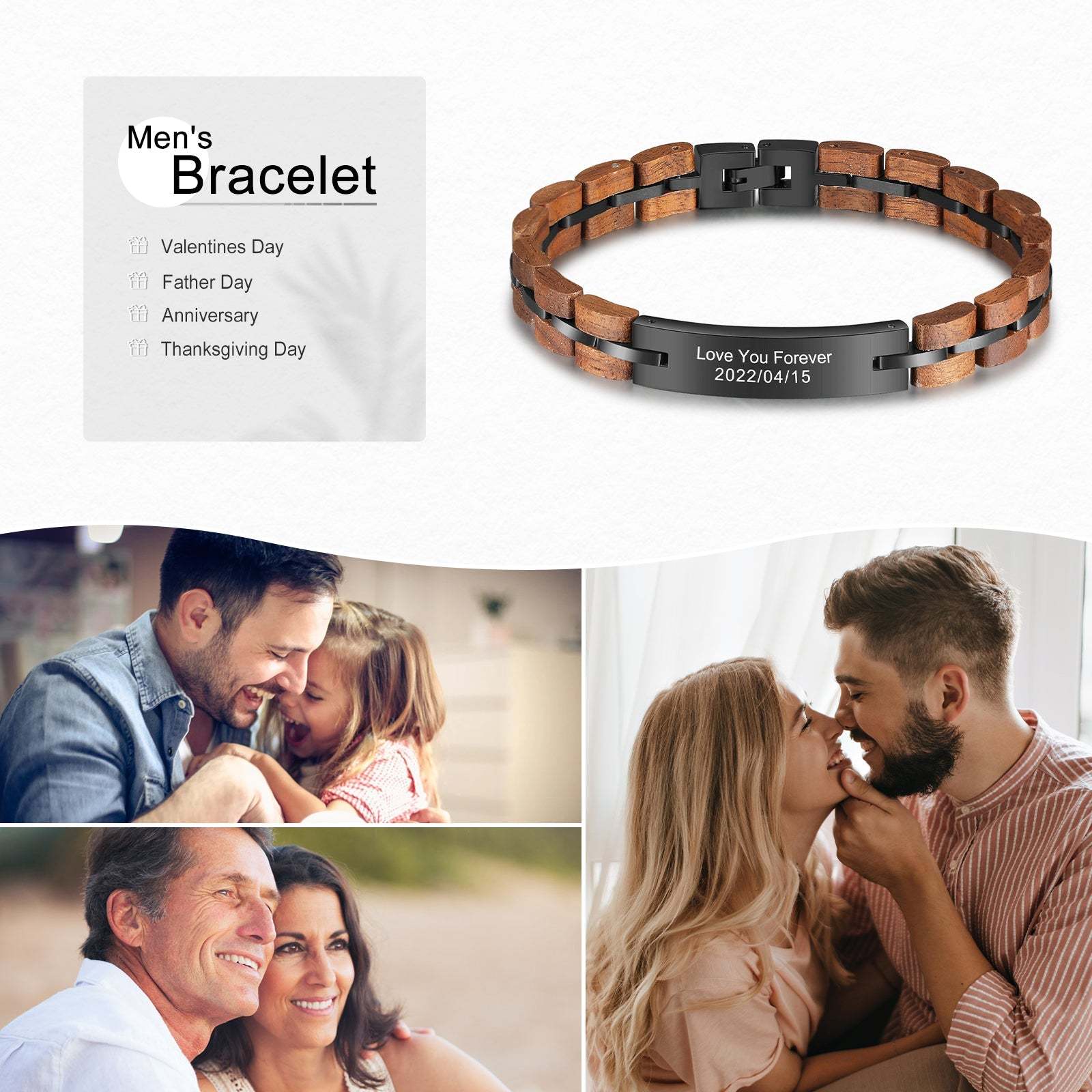 Christmas Gift Personalized ID Bar Bracelet in Black with Wood Link Chain Men Bracelet