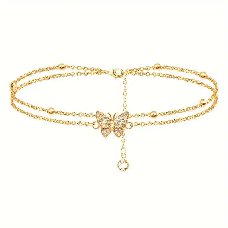 Mother's Day Gift Sparkly Butterfly Double Layers Chain Anklet Versatile Summer Beach Ankle Bracelet White Wedding Foot Ornament-Engravingift