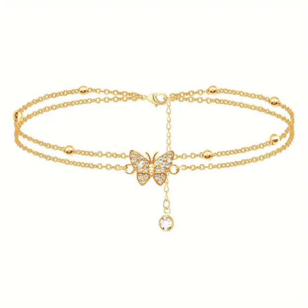 Mother's Day Gift Sparkly Butterfly Double Layers Chain Anklet Versatile Summer Beach Ankle Bracelet White Wedding Foot Ornament-Engravingift