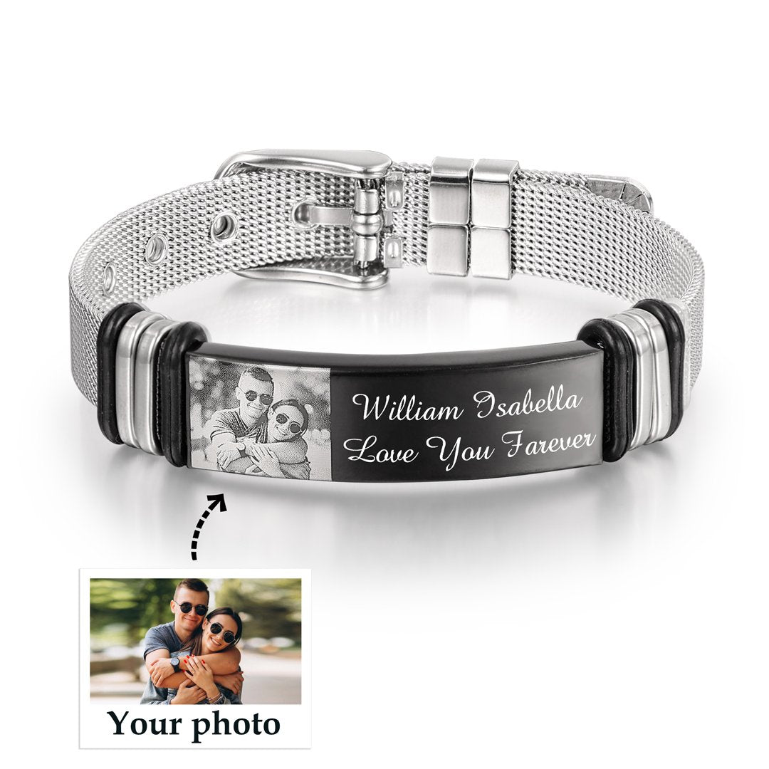 Father's Day Gift Personalized Men Photo Bracelet Engraved ID Bar Bracelet-Engravingift