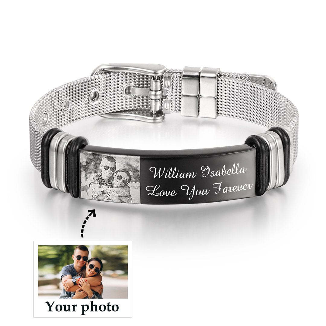 Father's Day Gift Personalized Men Photo Bracelet Engraved ID Bar Bracelet-Engravingift