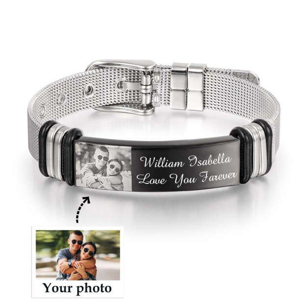 Father's Day Gift Personalized Men Photo Bracelet Engraved ID Bar Bracelet-Engravingift