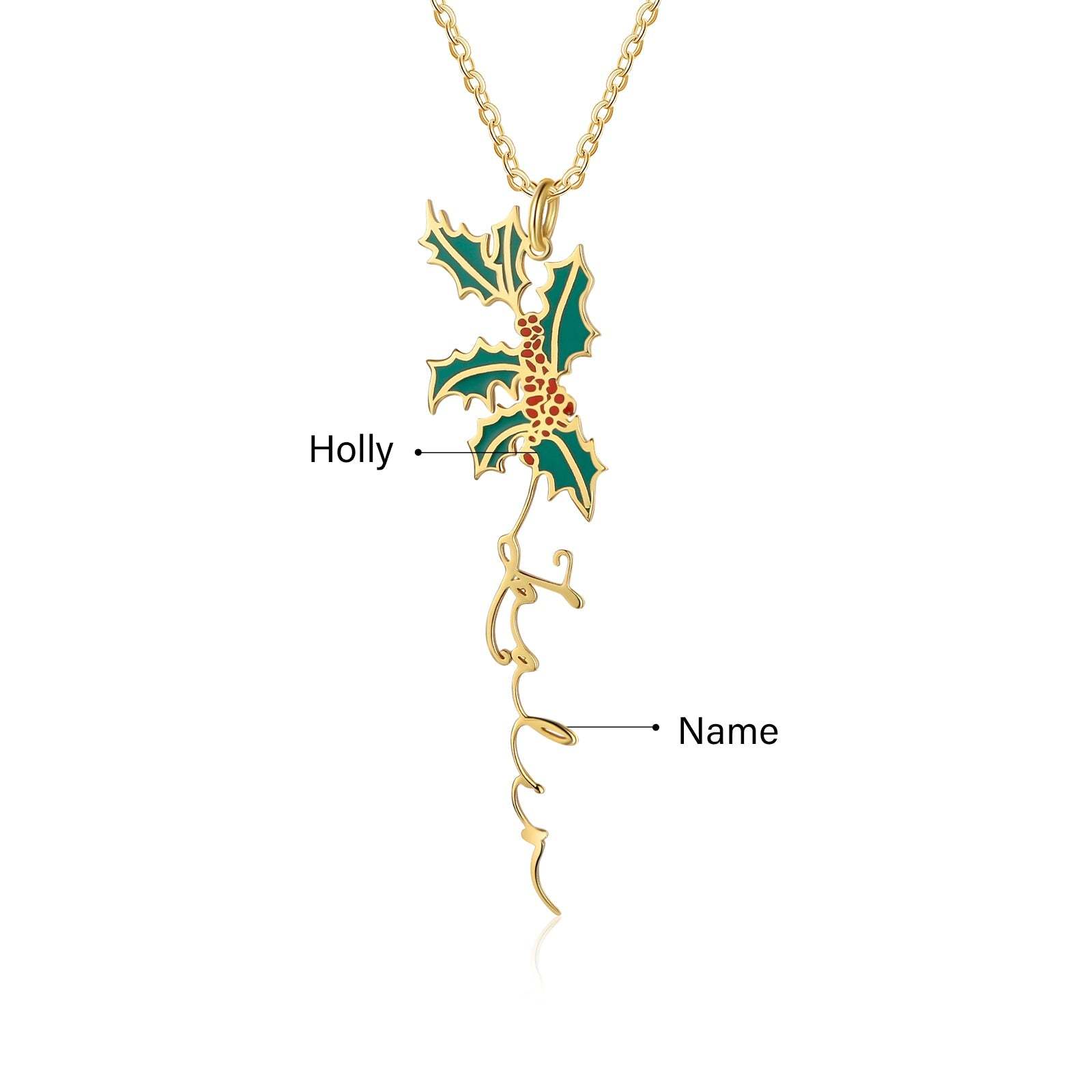 Christmas Gift Holly Name Necklace Custom December Birth Flower Necklace for Her