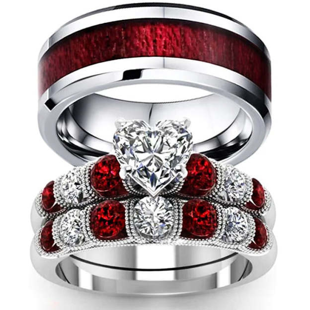 Mother's Day Gift Wedding rings set his and hers-Couples Ring Set RED LOVE RINGS-Engravingift