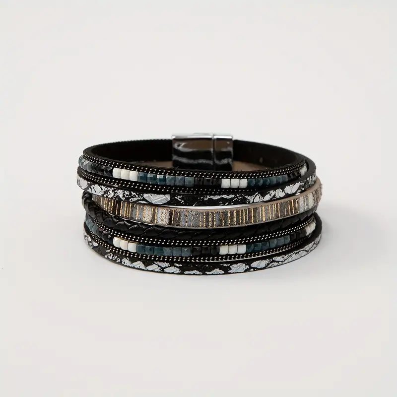 Mother's Day Gift Colorful PU Leather Bracelet With Magnetic Buckle Multi-layer Wrap Bracelet-Engravingift