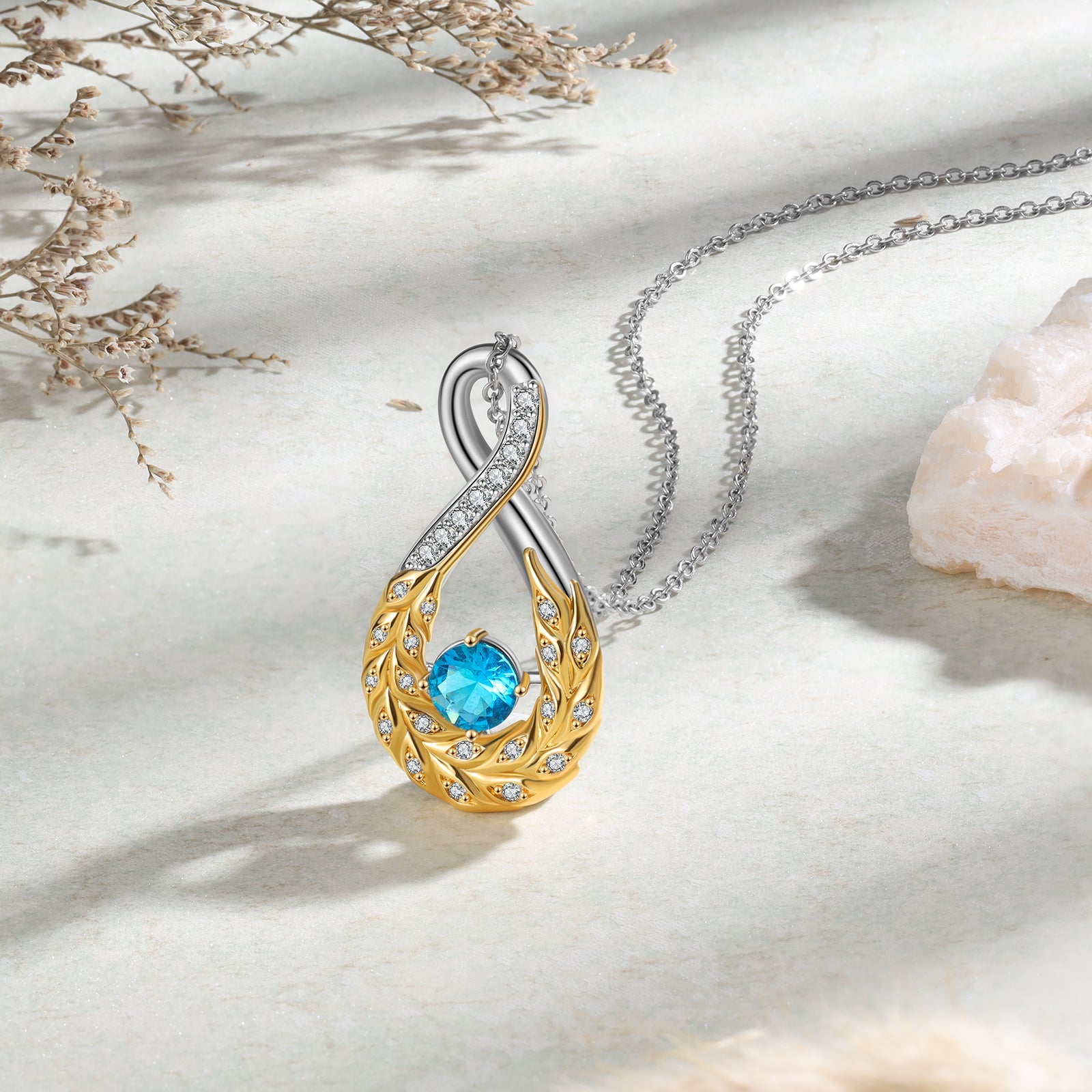 Mother's Day Feather Inifinity Necklace with 1 Birthstone Birthday Anniversary Gift for Mother Wife-Engravingift