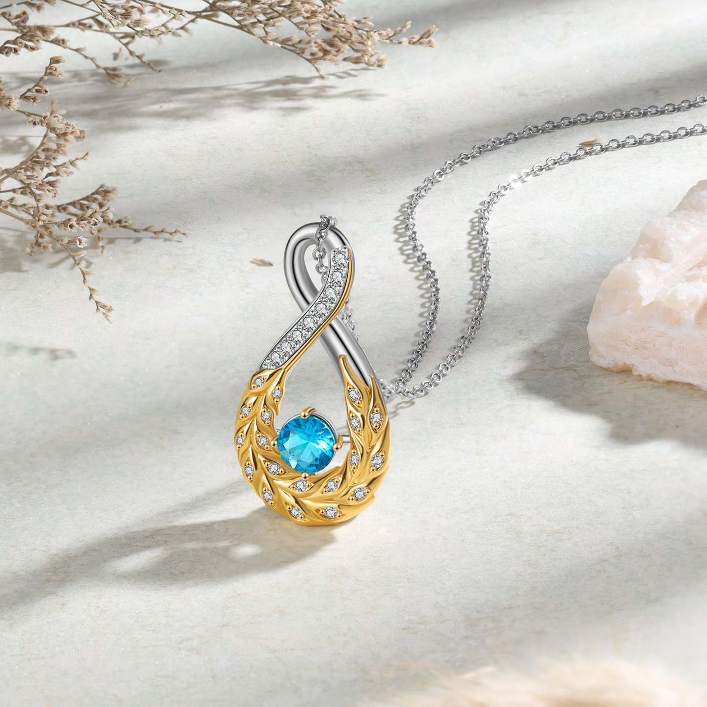 Mother's Day Feather Inifinity Necklace with 1 Birthstone Birthday Anniversary Gift for Mother Wife-Engravingift