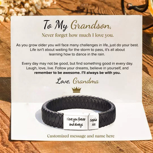 Christmas Gift Personalized Braided Leather Bracelet for Grandson "I Will Always Be With You"