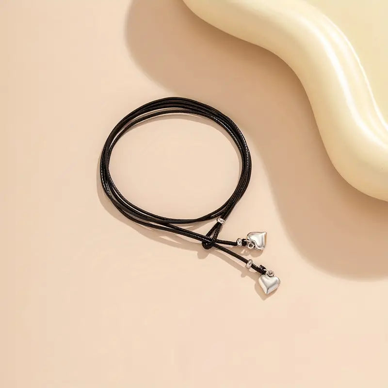 Mother's Day Double Love Heart Pendant Wax Thread Anklet Waterproof Simple Style Ankle Bracelet-Engravingift