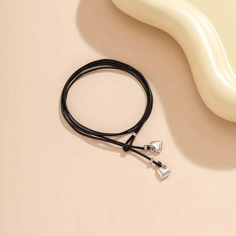 Mother's Day Double Love Heart Pendant Wax Thread Anklet Waterproof Simple Style Ankle Bracelet-Engravingift