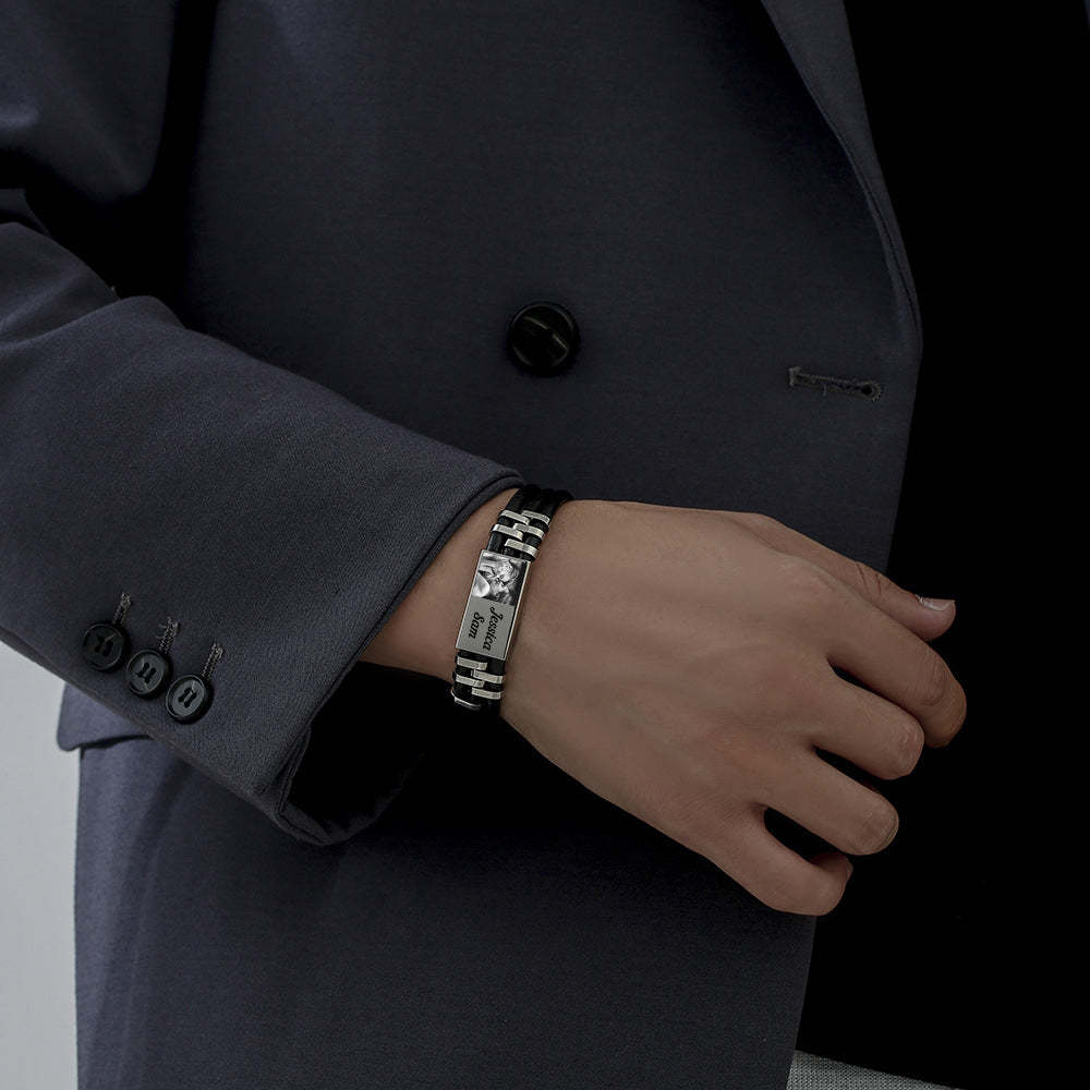 Christmas Gift Personalized Photo Bracelet in Gold ID Bar Leather Bracelet Father's Day Gift