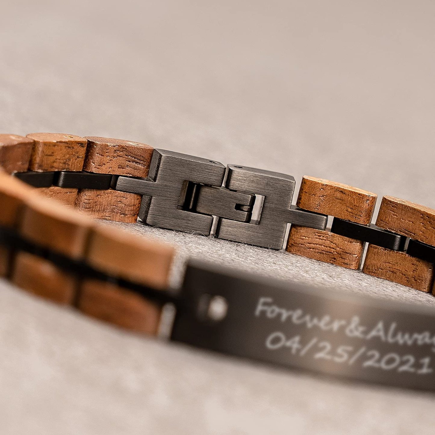 Christmas Gift Personalized ID Bar Bracelet in Black with Wood Link Chain Men Bracelet