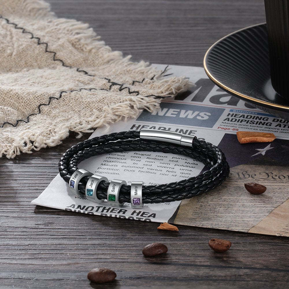 Christmas Gift Personalized Mens Leather Bracelet Beads with Birthstones