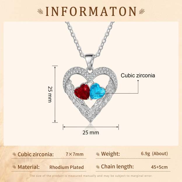 Mother's Day Gift Heart Feather Necklace with 2 Birthstones Birthday Gift for Women-Engravingift
