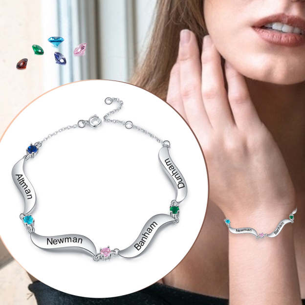 Mother's Day Gift Personalized Bracelet Custom 4 Names with 4 Birthstones Family Bracelet for Mom-Engravingift