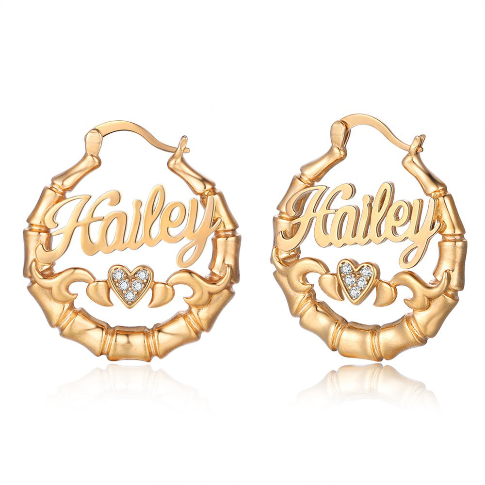 Mother's Day Gift Personalized Name Earrings Custom Bamboo Hoop Earrings for Women-Engravingift