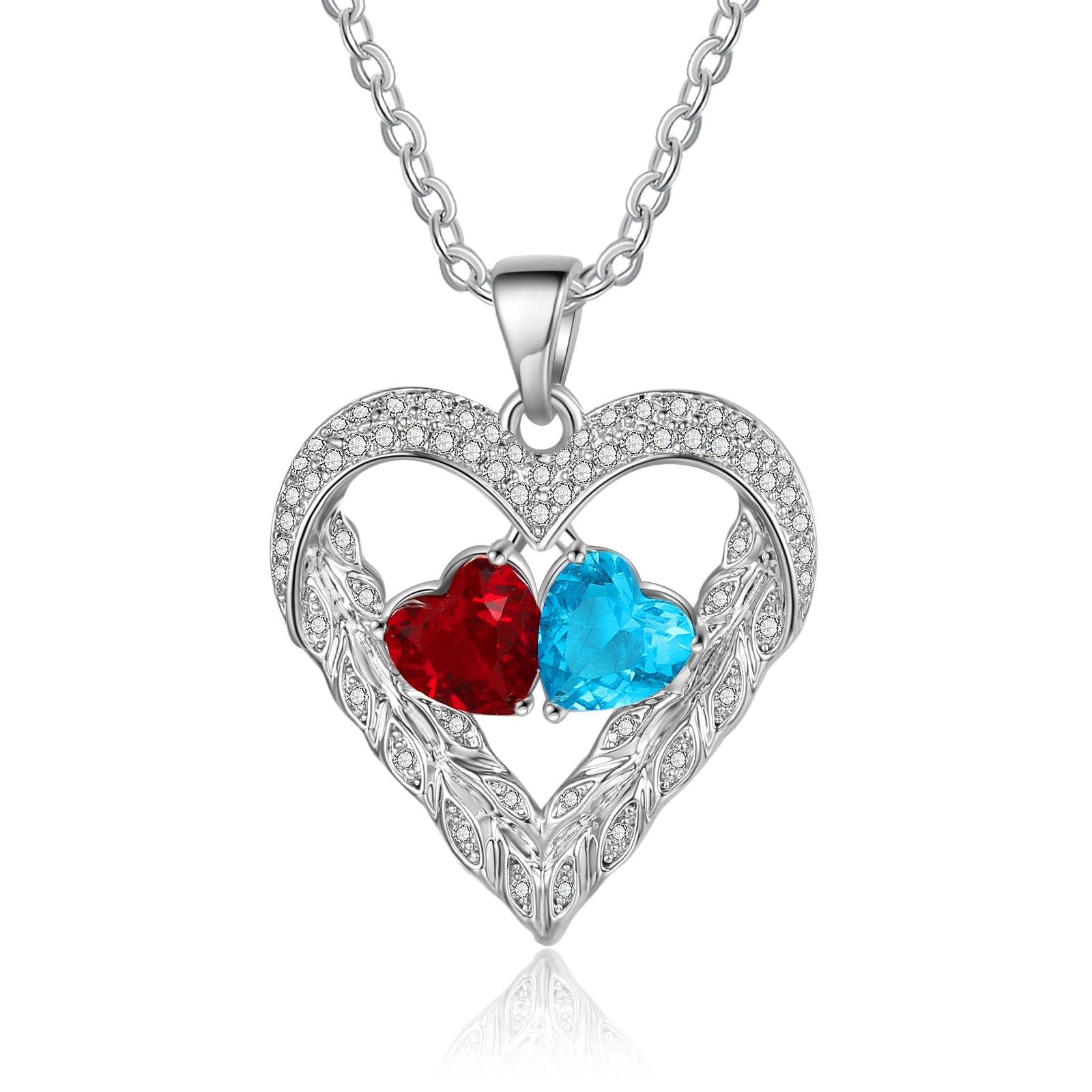 Mother's Day Gift Heart Feather Necklace with 2 Birthstones Birthday Gift for Women-Engravingift