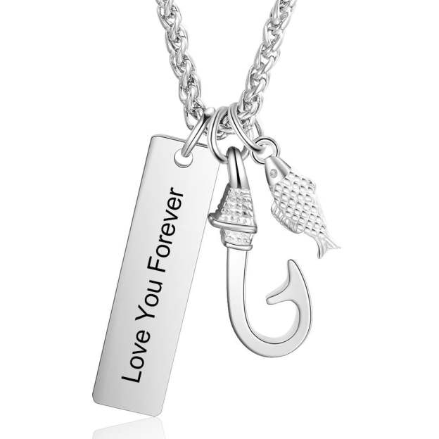 Father's Day gift Men Fish Hook Necklace with Engraved Bar Pendant Charm