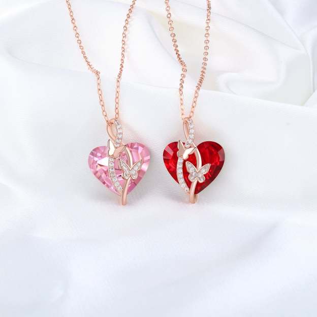 Christmas Gift Heart Red Crystal Necklace Butterfly Ruby Necklace for Her