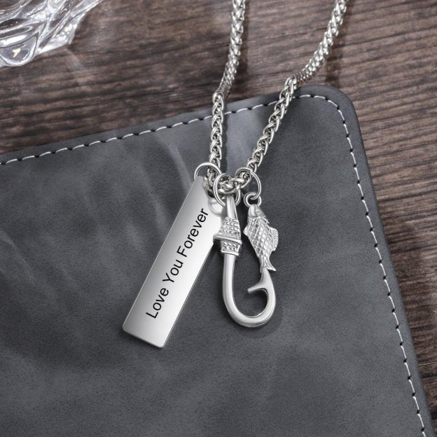 Father's Day gift Men Fish Hook Necklace with Engraved Bar Pendant Charm