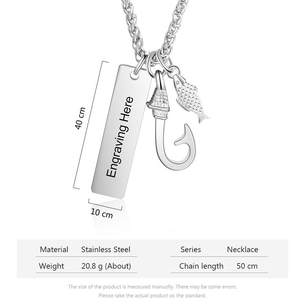 Father's Day gift Men Fish Hook Necklace with Engraved Bar Pendant Charm