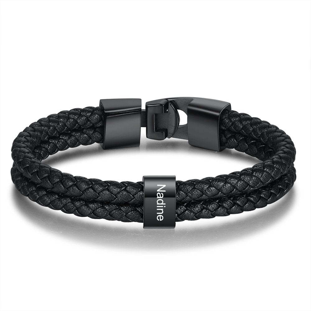 Father's Day Gift Men Leather Bracelet with Bead Custom Two Layers Bracelet, custom black engraved leather son/grandson bracelets for men-Engravingift