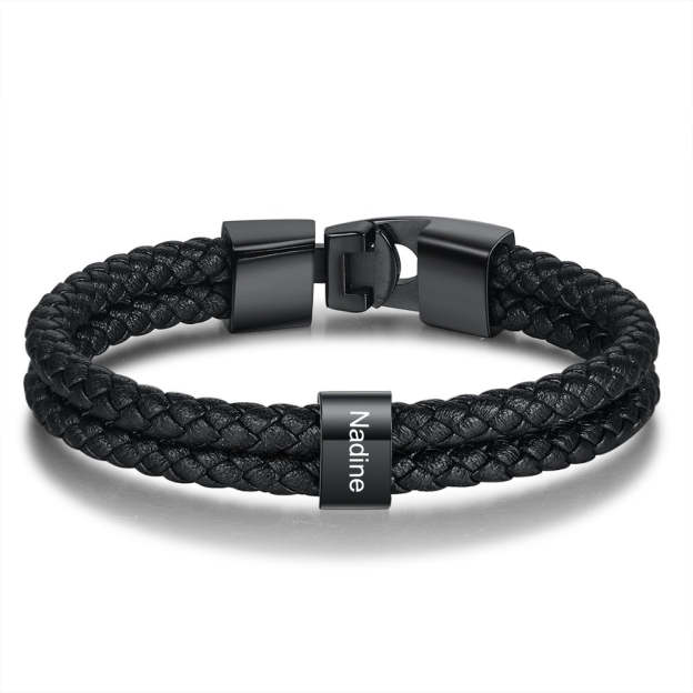 Father's Day Gift Men Leather Bracelet with Bead Custom Two Layers Bracelet, custom black engraved leather son/grandson bracelets for men-Engravingift