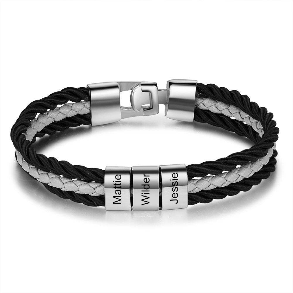 Father's Day Gift Mens Leather Bracelet Braided Layered Leather with Bead, mens custom necklace braided leather bracelet with names-Engravingift