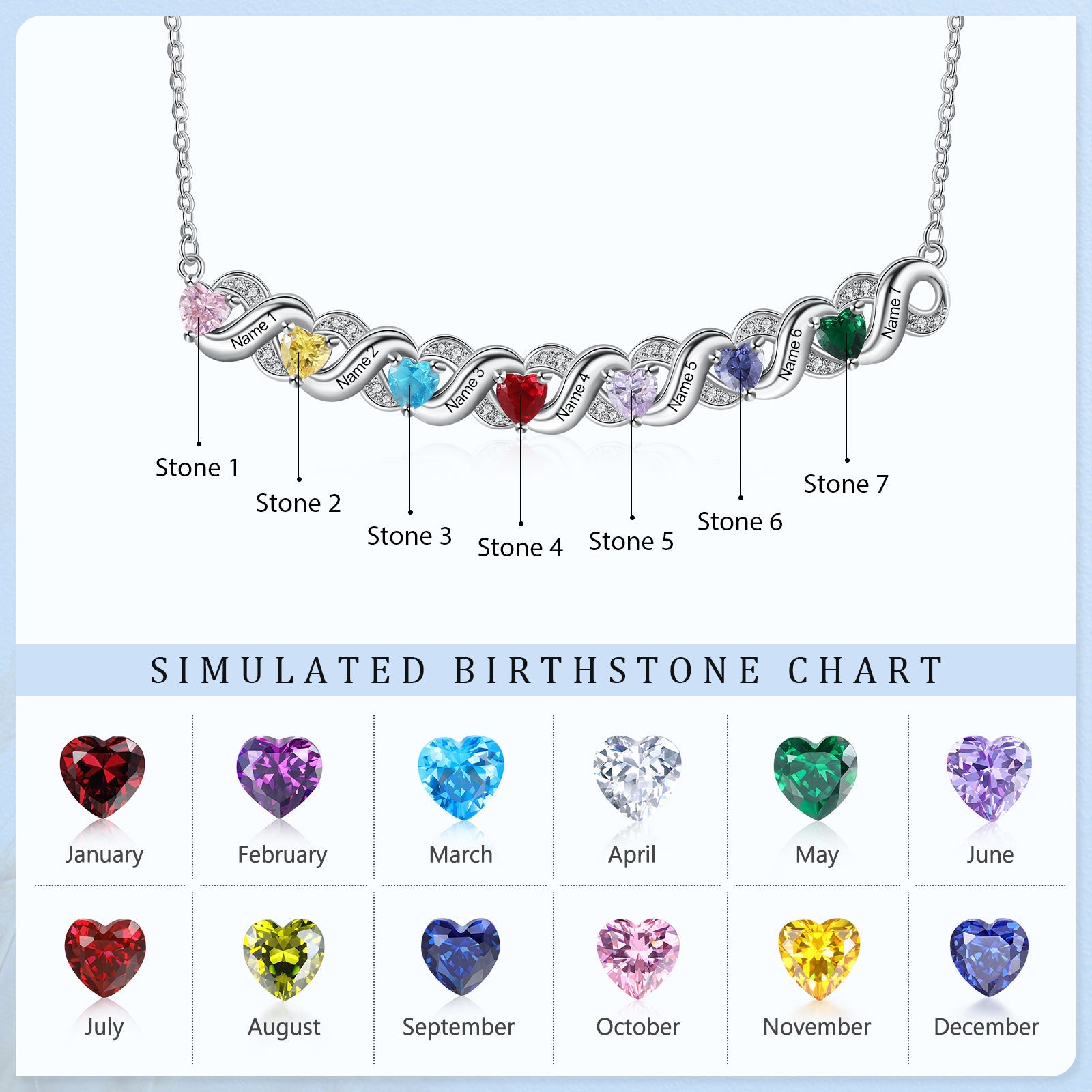 Christmas Gift Personalized Heart Birthstone Necklace Engraved 7 Names Birthday Gift for Mother
