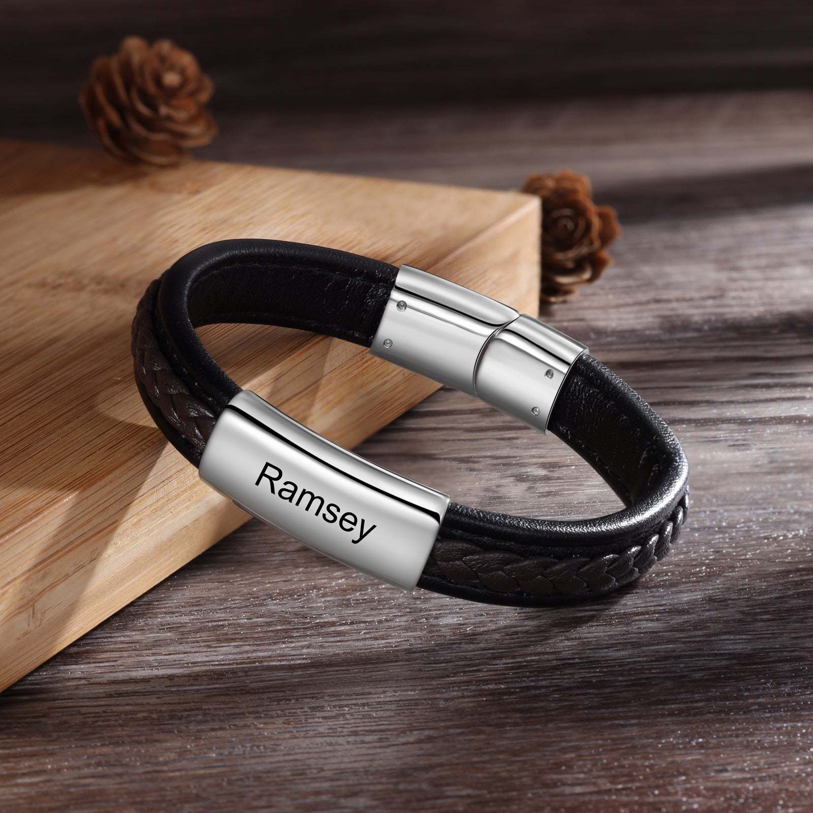 Christmas Gift Men Leather Bracelet Personalized Name ID Bar Bracelet for Him