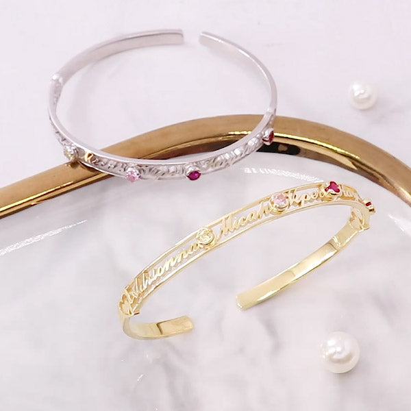 Mother's Day Gift Personalized Name Bangle Bracelet Custom 4 Names and 5 Birthstones Bracelet for Her-Engravingift