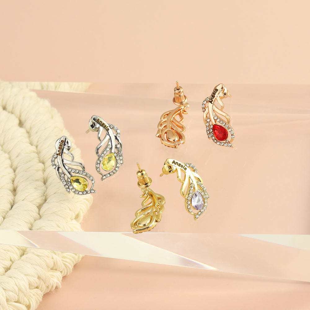 Feather Shaped Custom Birthstone Earring JewlGlory