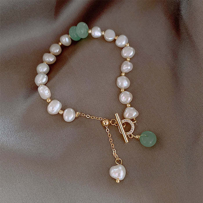 Mother's Day Gift Pearl Bracelet With Jade Charm-Engravingift