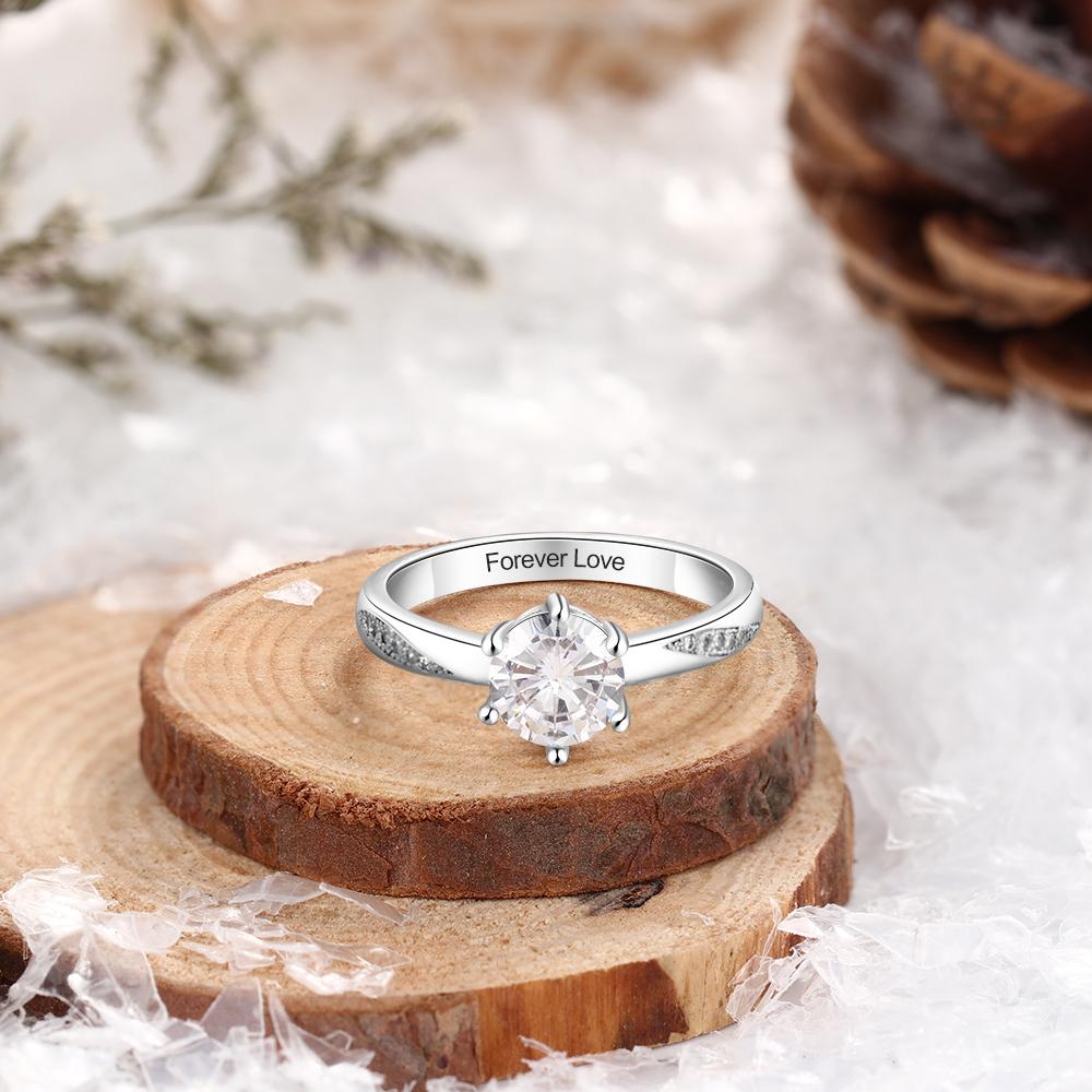Mother's Day Gift Diamond Round Cut Engagement Ring April Birthstone Ring For Her Engraved Perfect Gift For Women-Engravingift