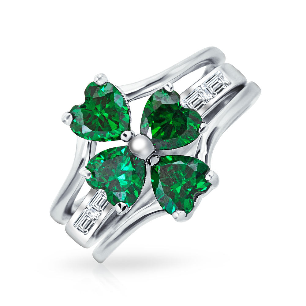 Graduation Gift Leaf Green CZ Flower Shamrock Clover Ring Set .925 Sterling Silver-Engravingift