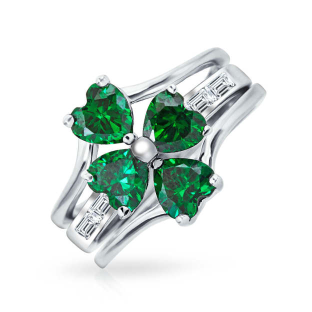 Graduation Gift Leaf Green CZ Flower Shamrock Clover Ring Set .925 Sterling Silver-Engravingift