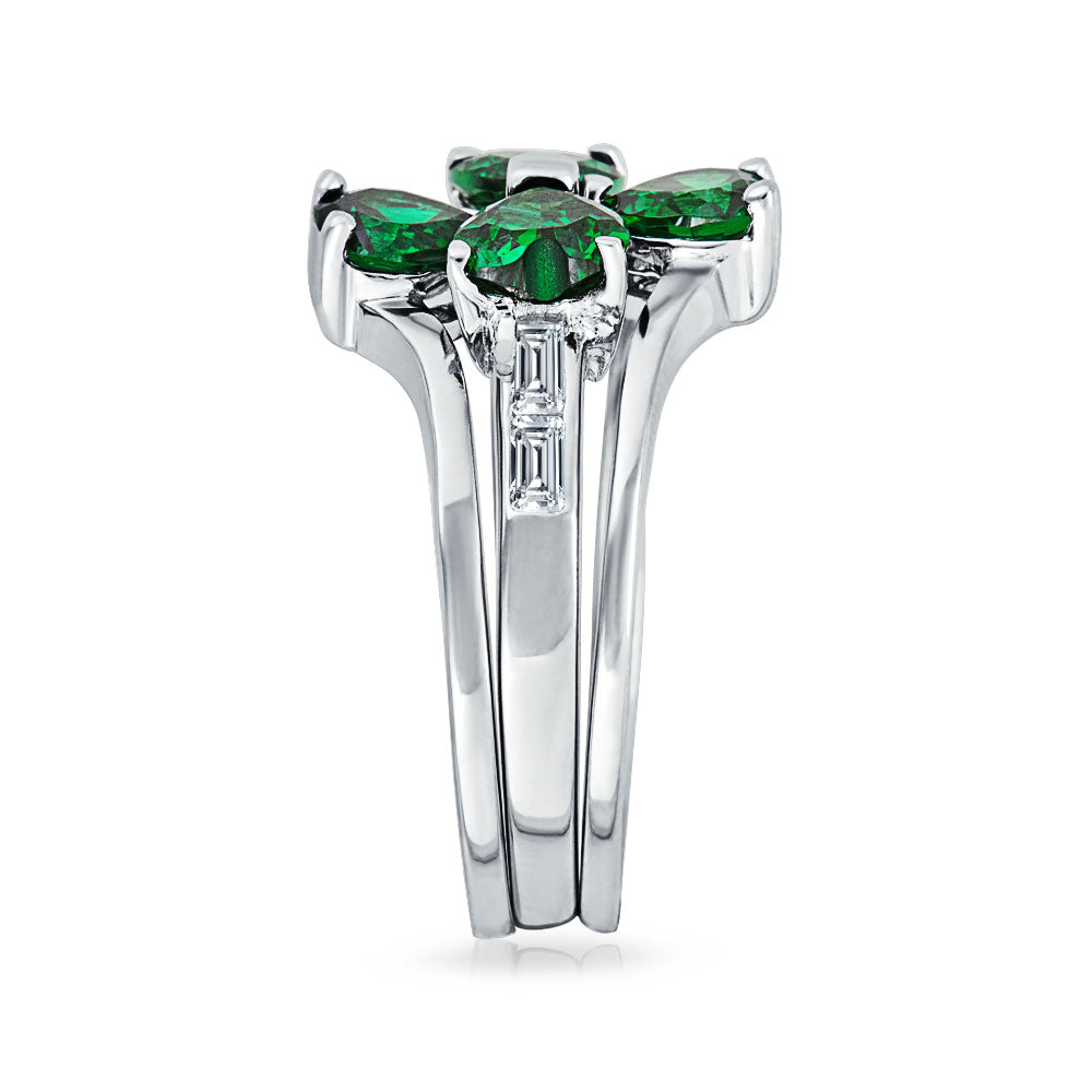 Graduation Gift Leaf Green CZ Flower Shamrock Clover Ring Set .925 Sterling Silver-Engravingift