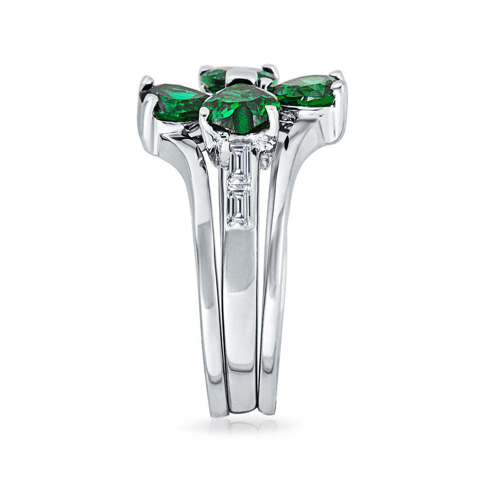 Graduation Gift Leaf Green CZ Flower Shamrock Clover Ring Set .925 Sterling Silver-Engravingift