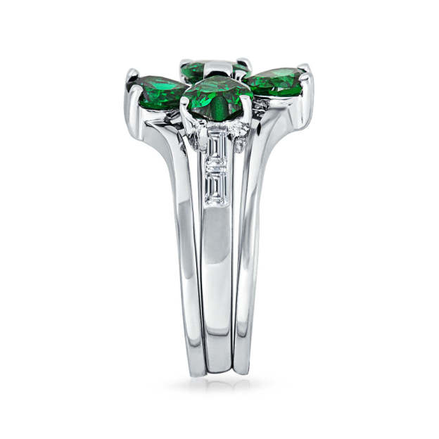 Graduation Gift Leaf Green CZ Flower Shamrock Clover Ring Set .925 Sterling Silver-Engravingift