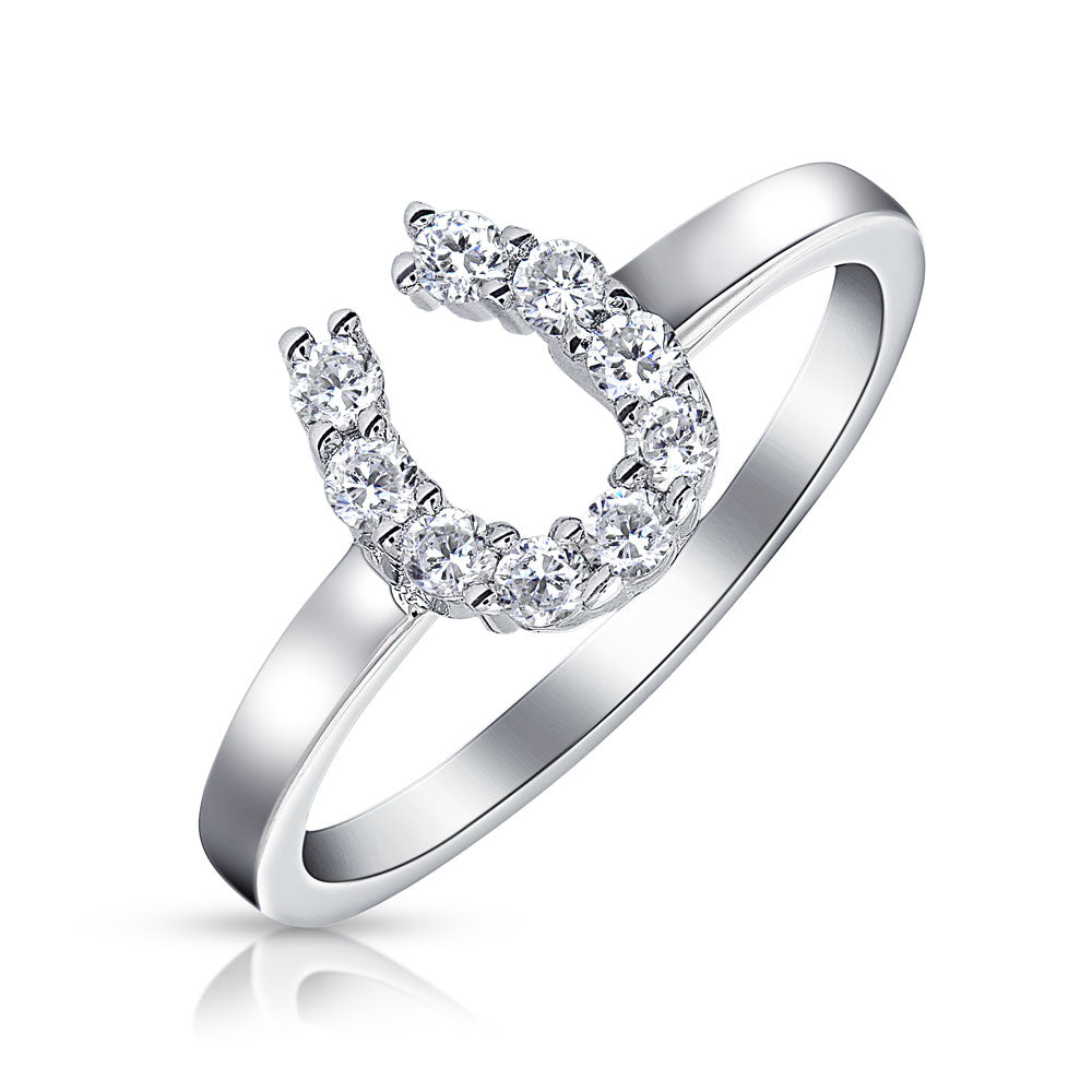 Graduation Gift Good Luck CZ Cowgirl Equestrian Western Horseshoe Ring Sterling Silver-Engravingift