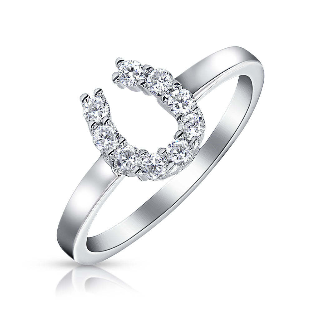 Graduation Gift Good Luck CZ Cowgirl Equestrian Western Horseshoe Ring Sterling Silver-Engravingift
