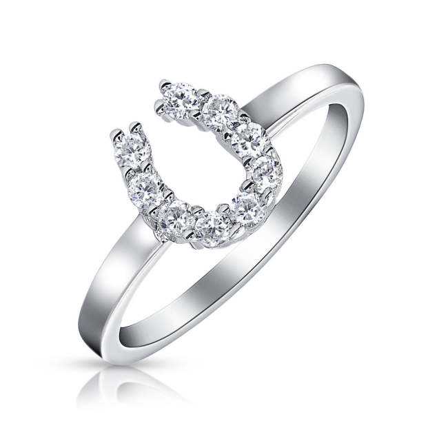 Graduation Gift Good Luck CZ Cowgirl Equestrian Western Horseshoe Ring Sterling Silver-Engravingift