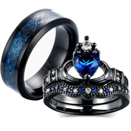 Mother's Day Gift Wedding rings set his and hers-Couples Ring Set Clear Black & Blue Zirconia-Engravingift