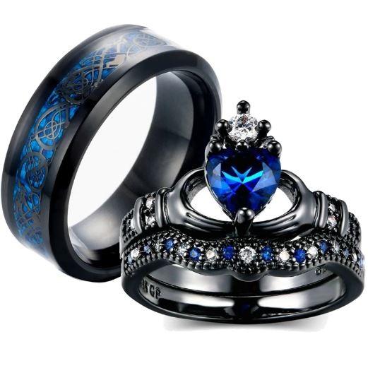 Valentine's Day Gift Wedding rings set his and hers-Couples Ring Set Clear Black & Blue Zirconia