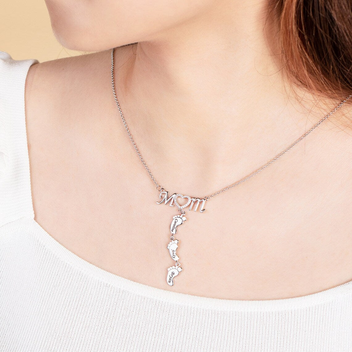 Christmas Gift Personalised Heart Crystal Mom Necklace With Baby Feet