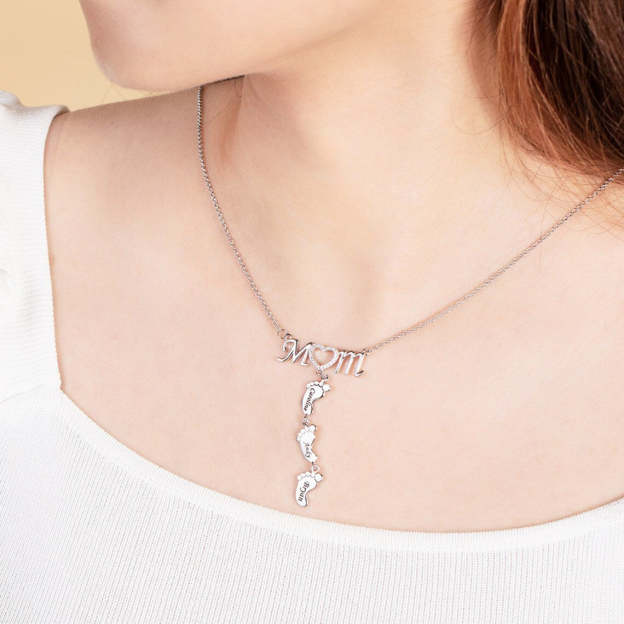 Christmas Gift Personalised Heart Crystal Mom Necklace With Baby Feet