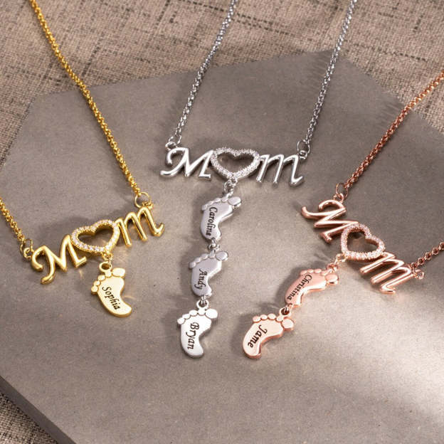 Christmas Gift Personalised Heart Crystal Mom Necklace With Baby Feet