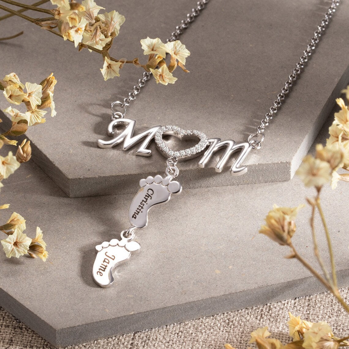 Christmas Gift Personalised Heart Crystal Mom Necklace With Baby Feet